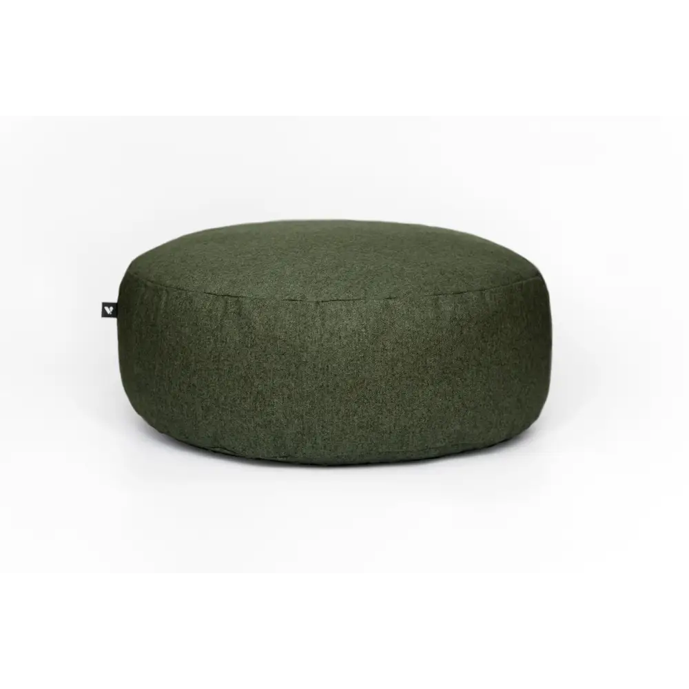 Olive green textured fabric floor cushion with minimalist design and small logo side