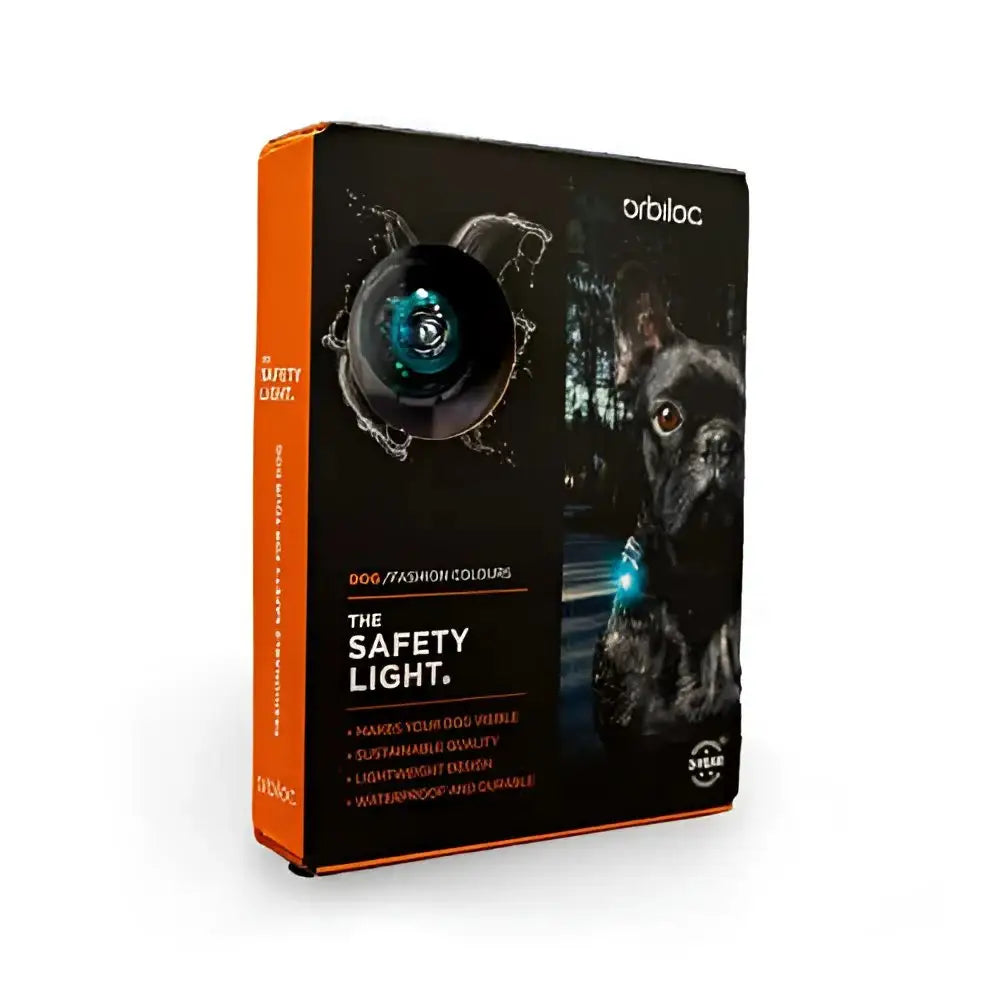 Black and teal Orbiloc Dog Dual Safety Light collar with durable plastic design