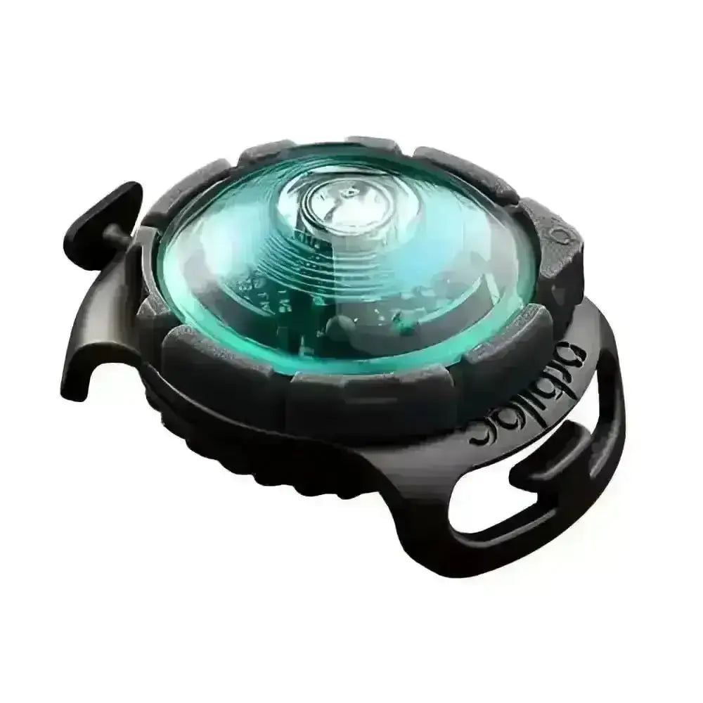 Black bicycle light with green lens and clear cover for visibility, part of Orbiloc Dog Dual Safety Light series