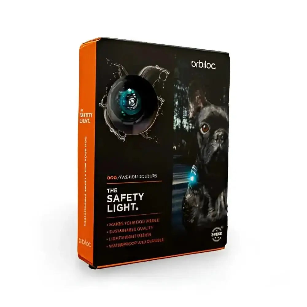 Black and teal Orbiloc Dog Dual Safety Light collar with durable plastic design