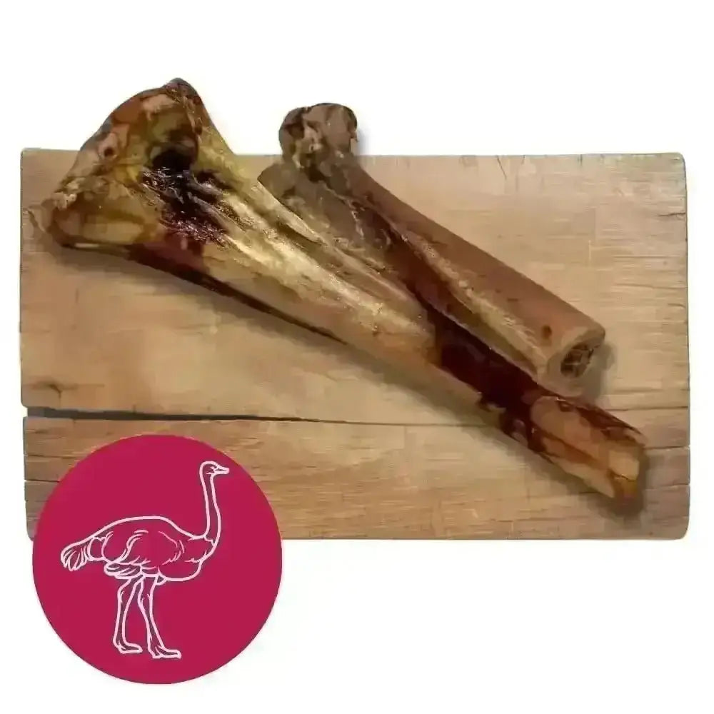 Ostrich Bone Natural Chew for Dogs featuring ostrich bones and natural wood grain texture