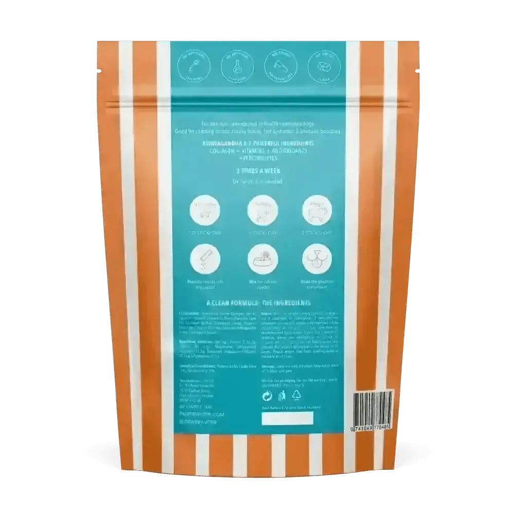 Orange and white striped laundry detergent bag with teal eco-friendly cleaning label for Pawer Water Calming
