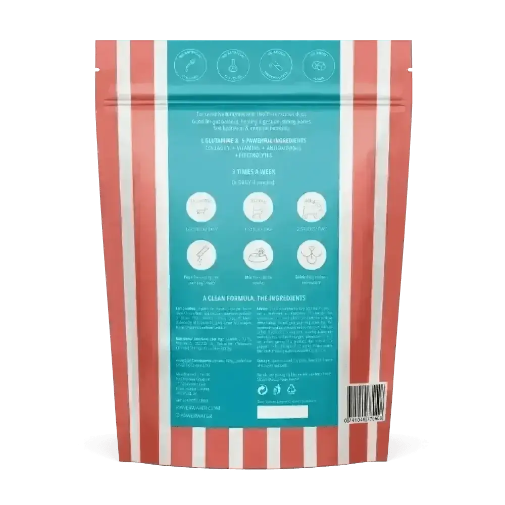 Red and white striped bag with blue label featuring a cigar formula design for Pawer Water Gut Support