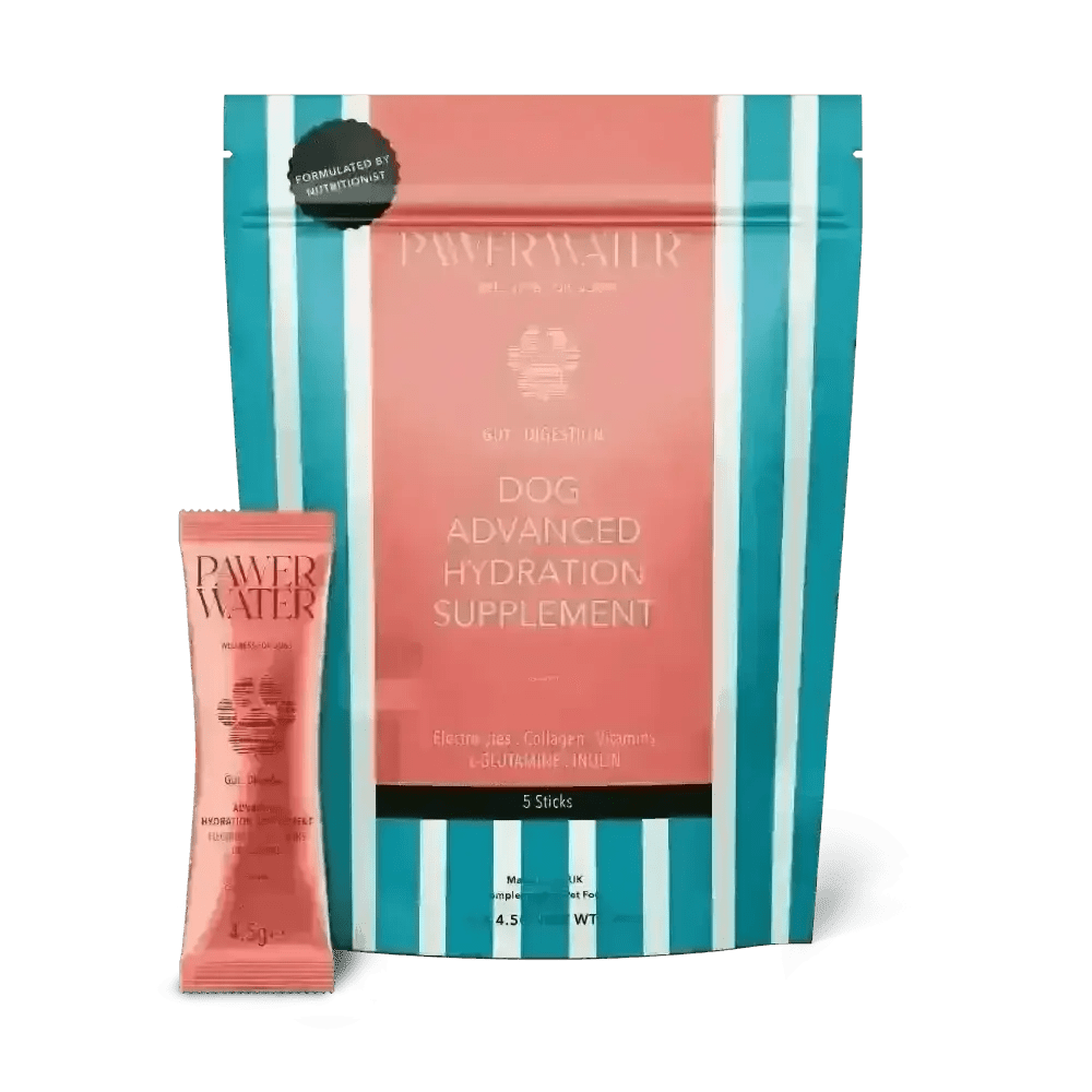 Pawer Water Gut Support supplement with pink and teal packaging featuring paw print design