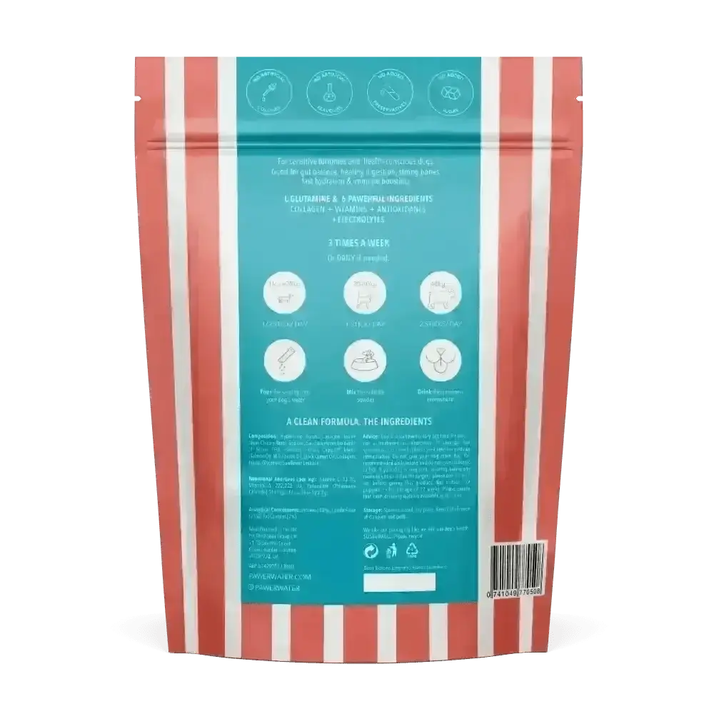 Red and white striped bag with blue label featuring a cigar formula for Pawer Water Gut Support