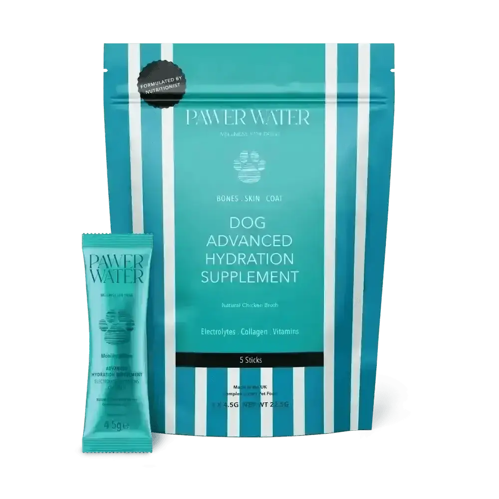 Teal and white striped Pawer Water Joint Support box with paw print logo for water joint support