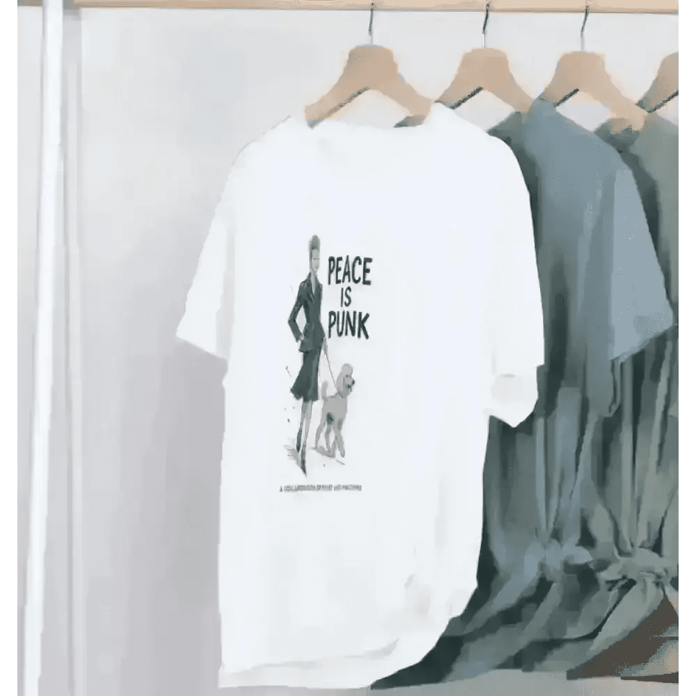 White Peace Is Punk organic cotton T-shirt with woman and dog graphic design