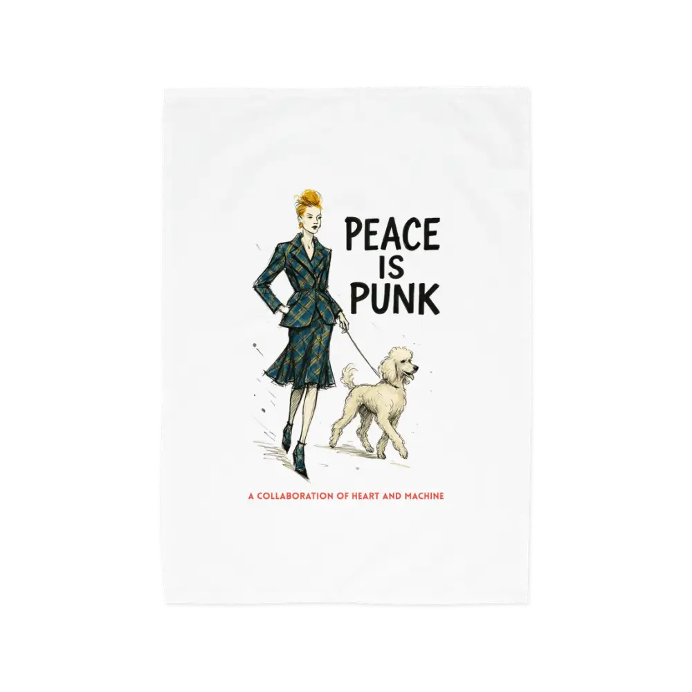 Punk-themed tote bag with woman and dog illustration, black and white design, fabric material