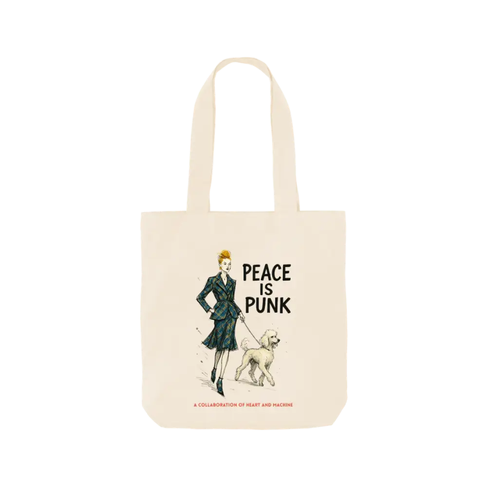 Cream tote bag with peace is punk design featuring a woman walking her dog, inspired by Vivienne Westwood style