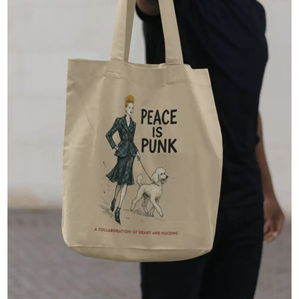 Vivienne Westwood inspired peace is punk canvas tote bag with woman walking dog design