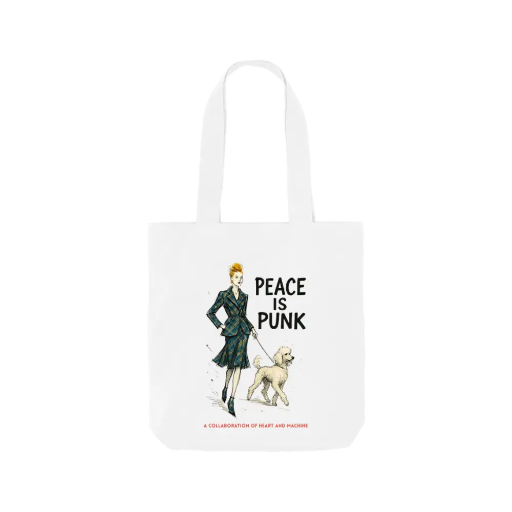 White tote bag with woman and dog illustration and peace is punk text, Vivienne Westwood style