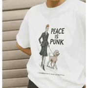 White Peace Is Punk organic cotton T-shirt with woman walking her dog graphic