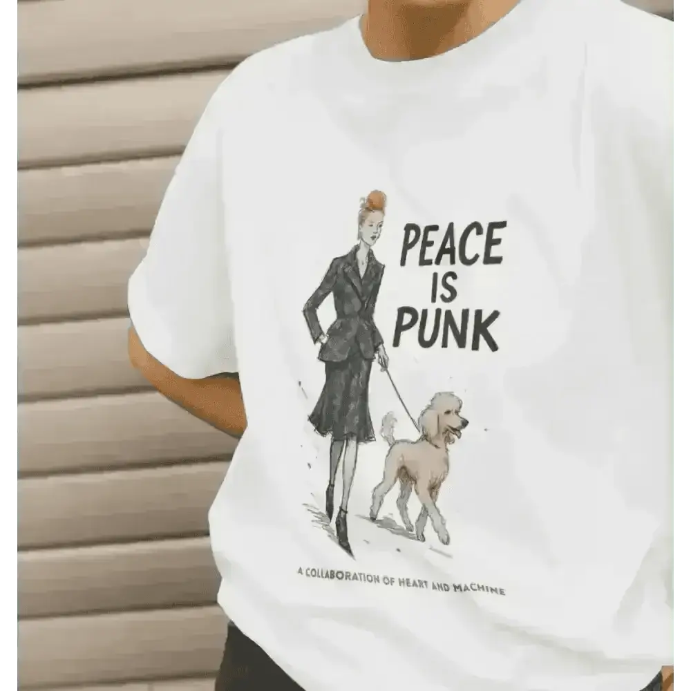 White Peace Is Punk organic cotton T-shirt with woman walking her dog graphic