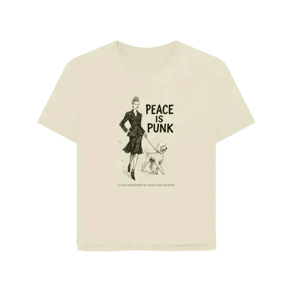 Cream-colored organic cotton T-shirt featuring a woman walking her dog and peace is punk graphic