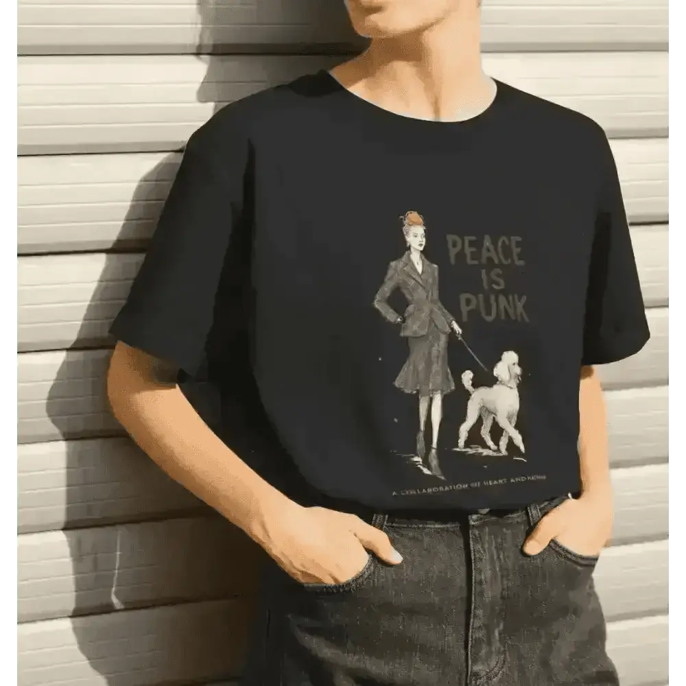 Black graphic T-shirt with vintage woman and poodle illustration in peace is punk design