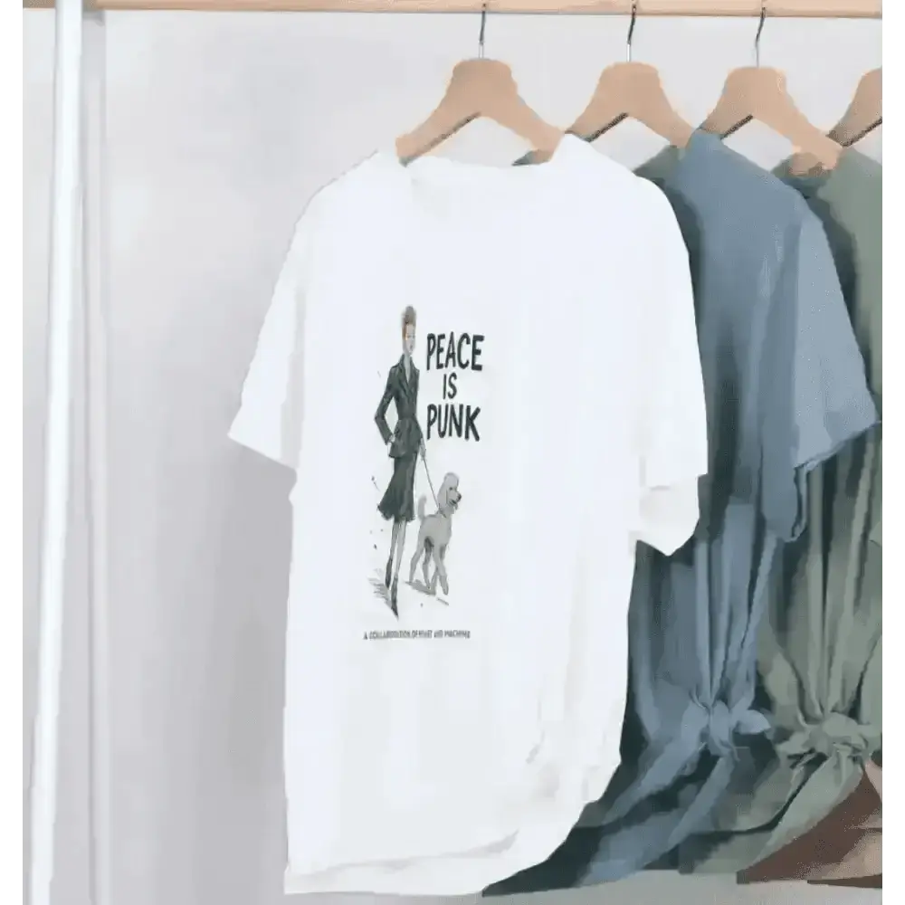 White Peace Is Punk organic cotton T-shirt with woman and dog graphic design