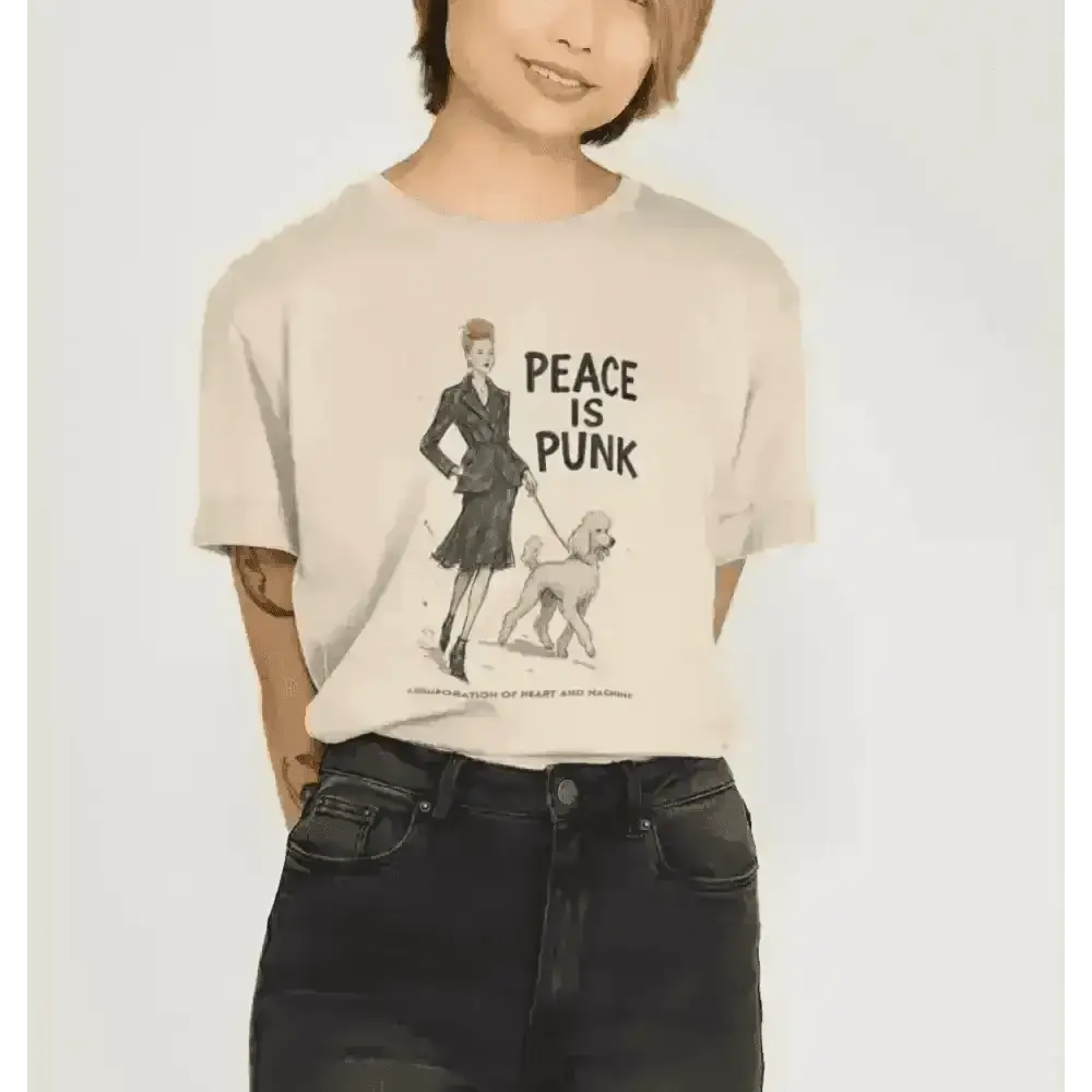 Beige oversized graphic T-shirt with peace is punk slogan and woman walking dog in organic cotton