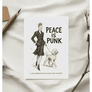 Vivienne Westwood Peace is Punk postcard with green black suit jacket and white dog illustration