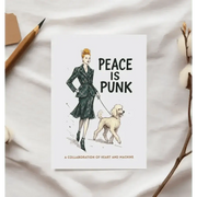 Vivienne Westwood Peace is Punk postcard with green black suit jacket and white dog illustration