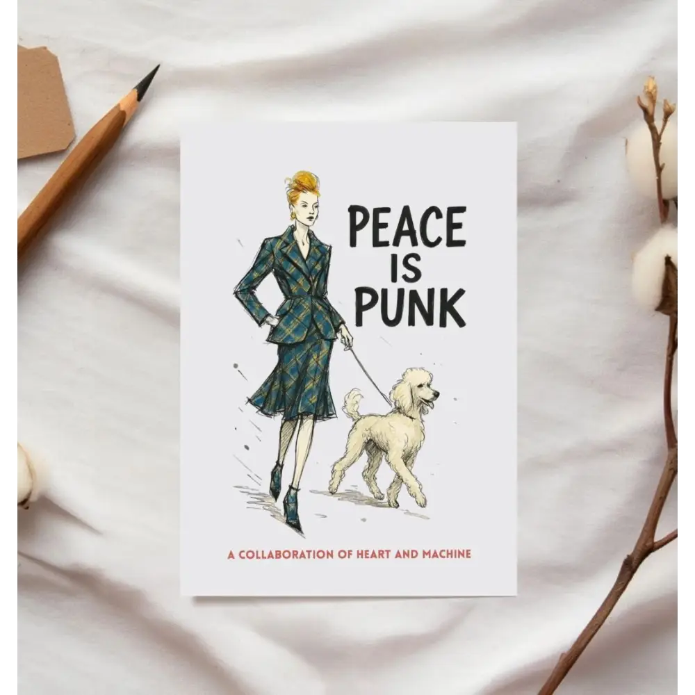 Vivienne Westwood Peace is Punk postcard with green black suit jacket and white dog illustration