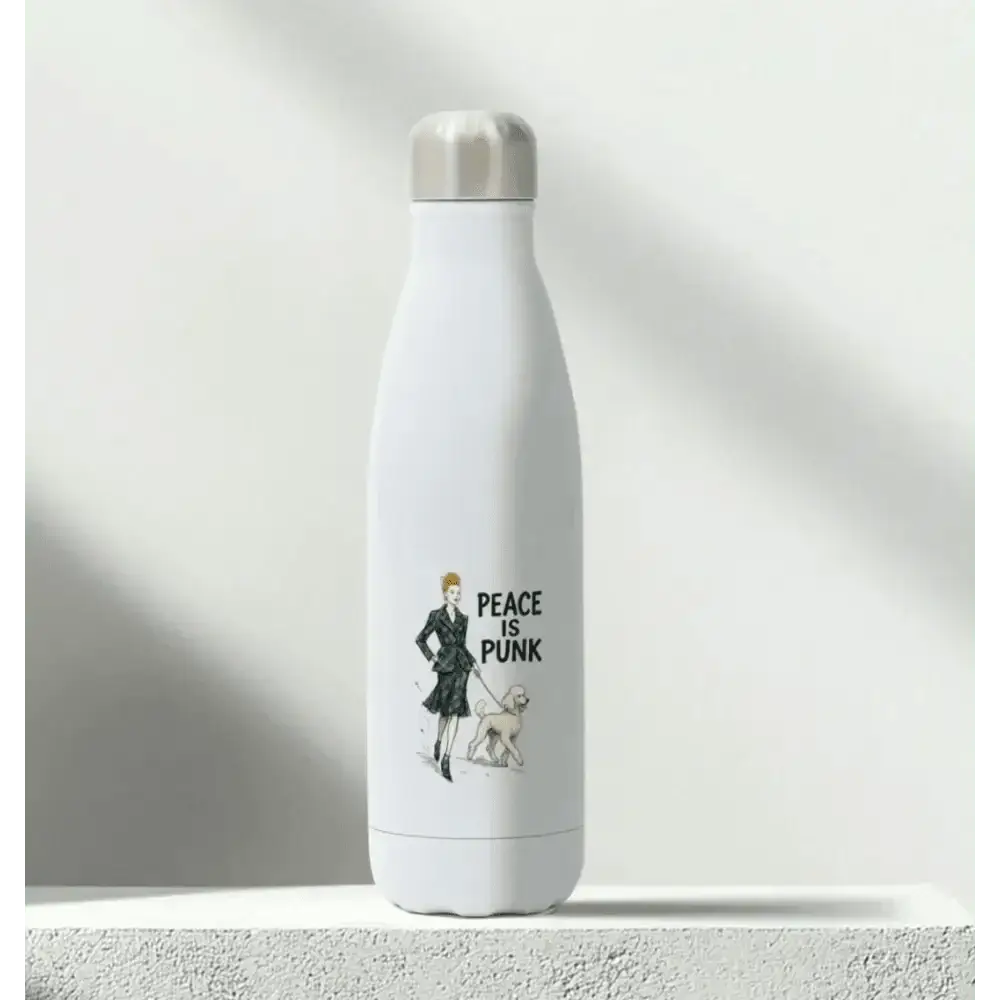 White insulated stainless steel bottle with peace is punk design and woman walking dog