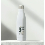 White insulated stainless steel bottle with peace is punk design and woman walking dog