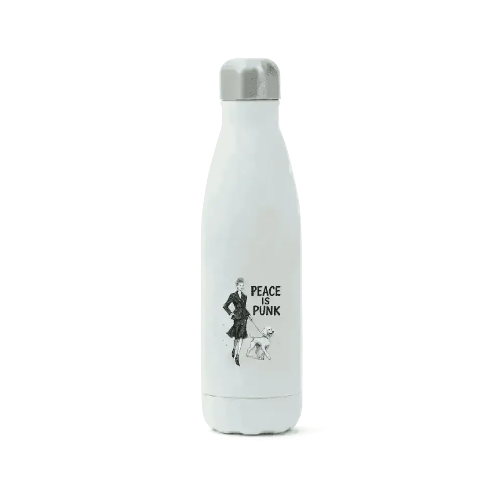 White insulated stainless steel bottle with peace is punk graphic and dog illustration