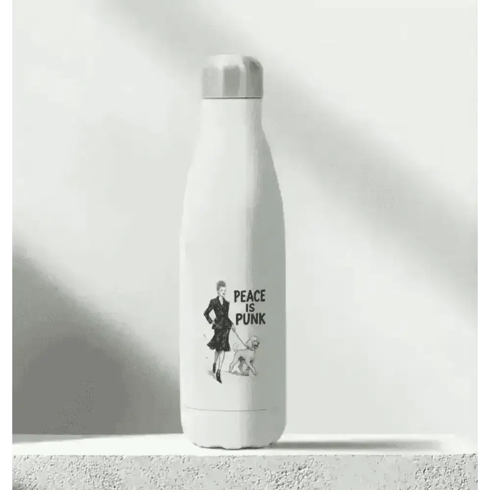 White insulated stainless steel bottle with peace is punk design and woman walking dog