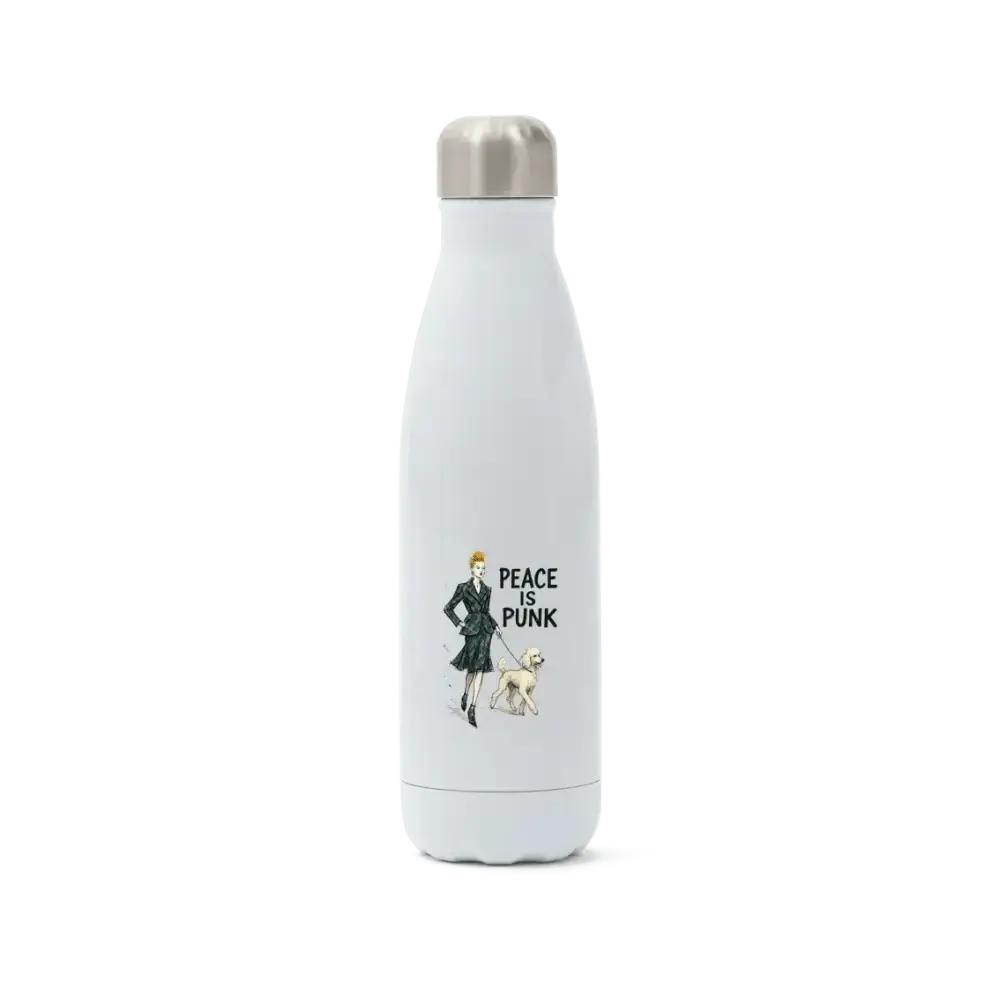 White insulated stainless steel bottle with peace is punk graphic and dog illustration