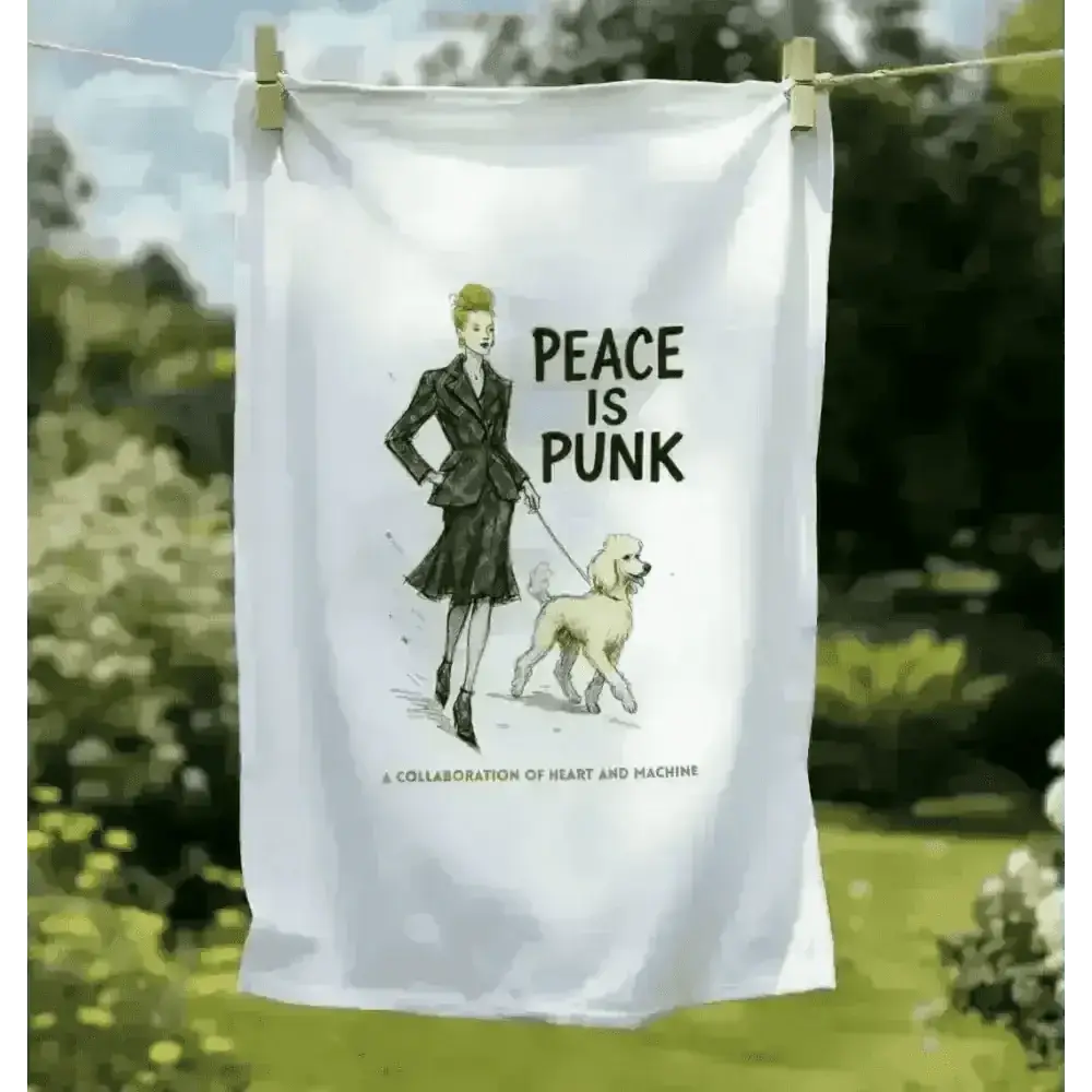 White Tea Towel with Woman Walking Dog Illustration and Peace Is Punk Text, Vivienne Westwood Style