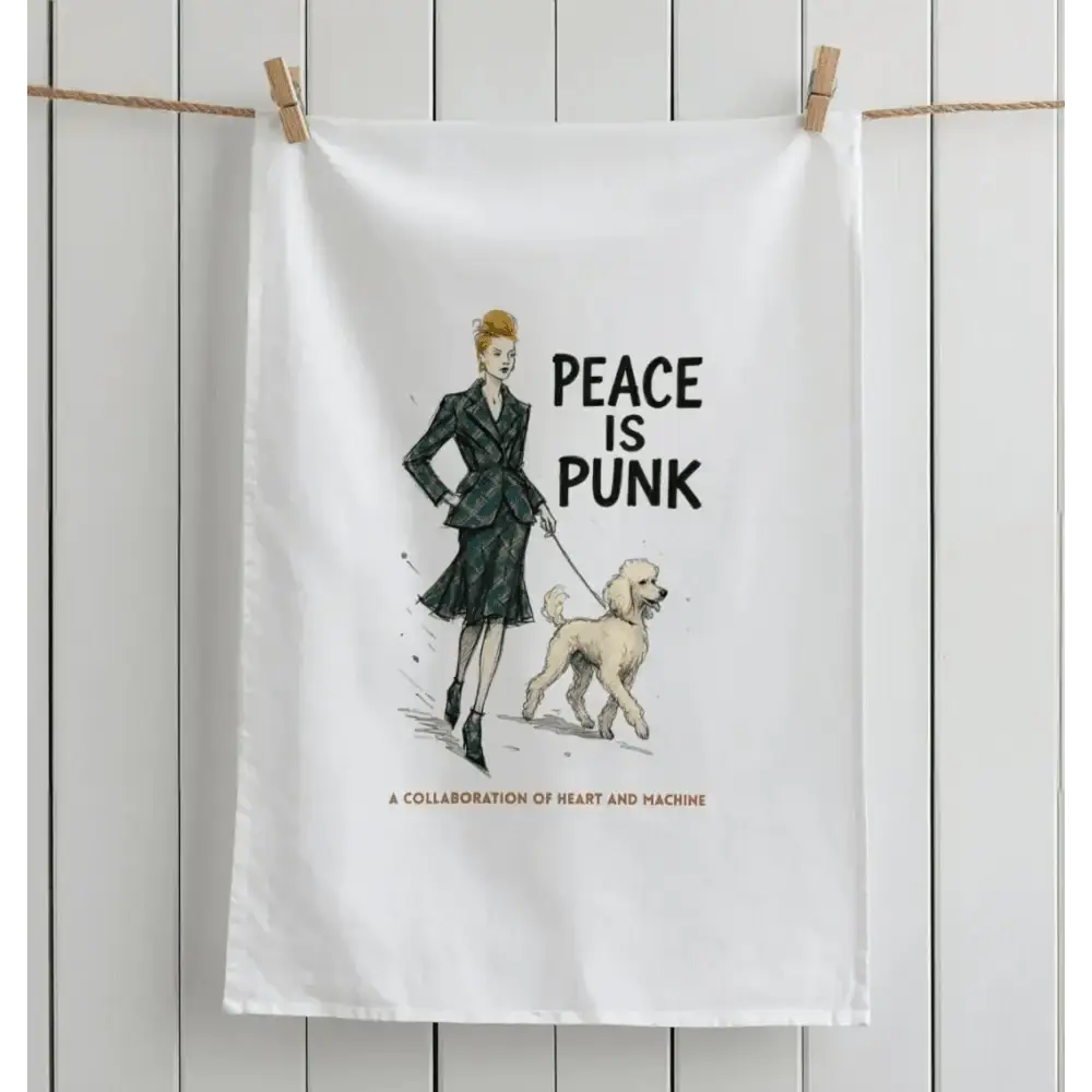 White tea towel featuring Vivienne Westwood-inspired illustration of woman walking dog with peace is punk text