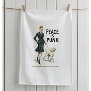 White tea towel featuring Vivienne Westwood-inspired illustration of woman walking dog with peace is punk text