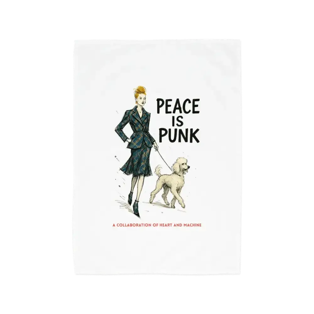 Punk-themed tote bag with woman and dog illustration, black and white design, fabric material