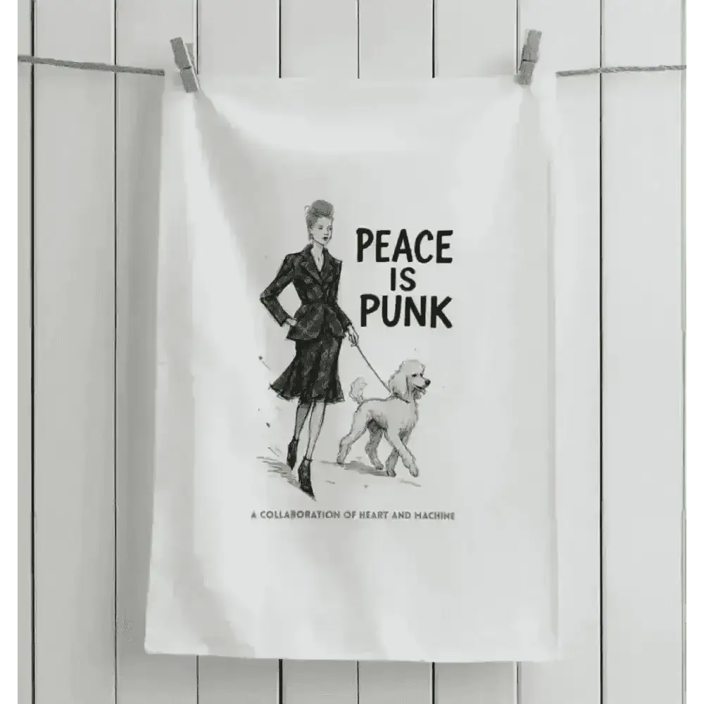 White tea towel featuring Vivienne Westwood-inspired illustration of woman walking dog with peace is punk text