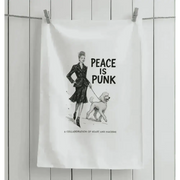 White tea towel featuring Vivienne Westwood-inspired illustration of woman walking dog with peace is punk text