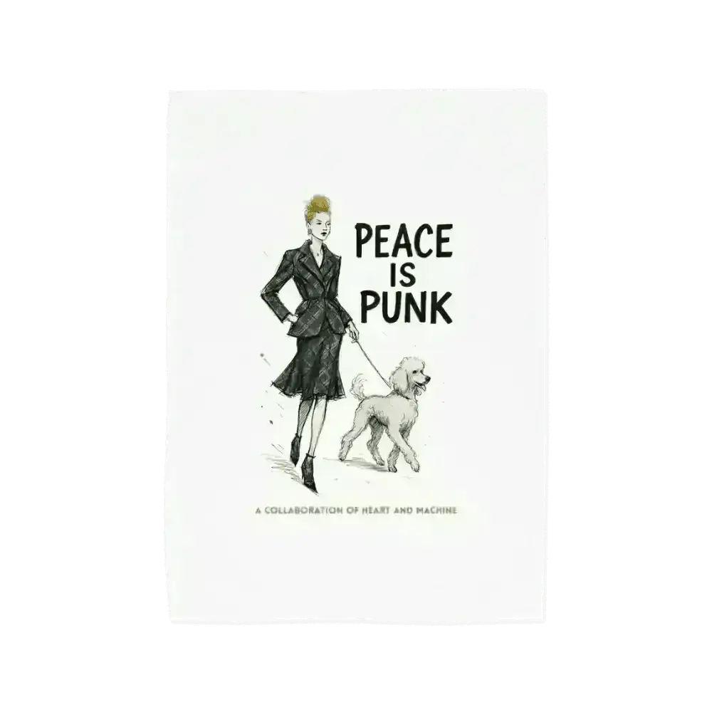 Punk-themed tote bag with woman and dog illustration, black and white design, fabric material