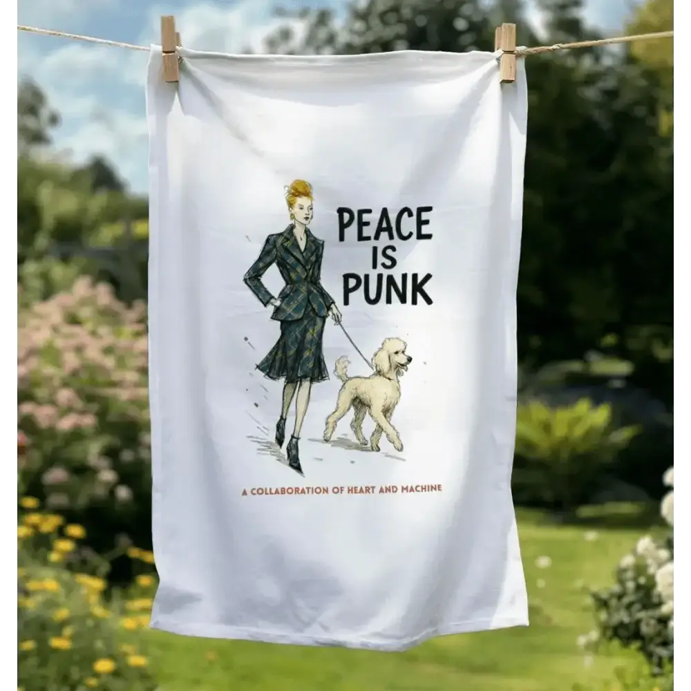 White Tea Towel with Woman Walking Dog Illustration and Peace Is Punk Text, Vivienne Westwood Style