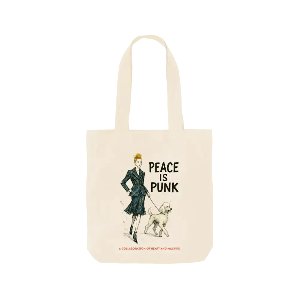 Cream tote bag with peace is punk design featuring a woman walking her dog, inspired by Vivienne Westwood style