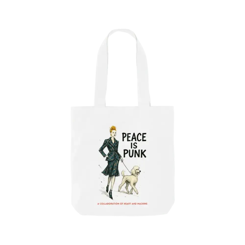 White tote bag with woman and dog illustration and peace is punk text, Vivienne Westwood style