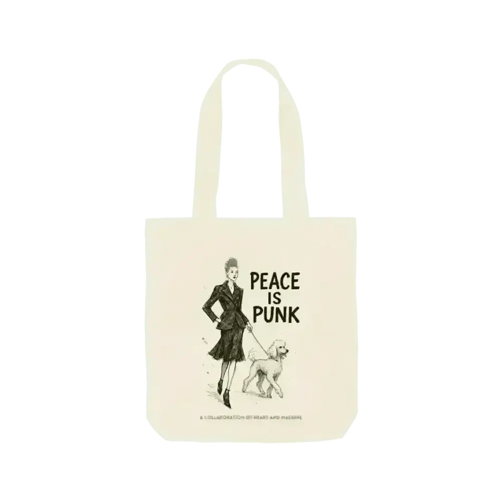 Cream tote bag with peace is punk design featuring a woman walking her dog, inspired by Vivienne Westwood style