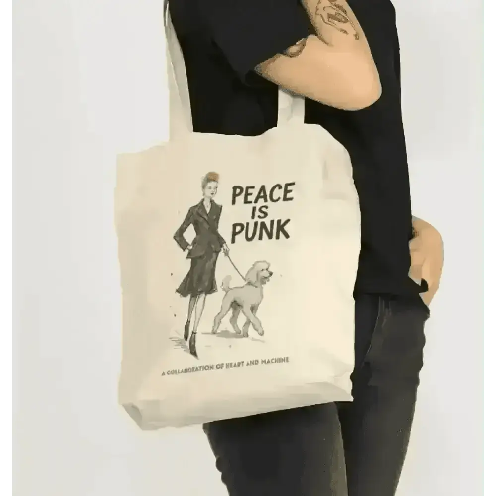 Cream tote bag with peace is punk design featuring a woman walking her dog, inspired by Vivienne Westwood