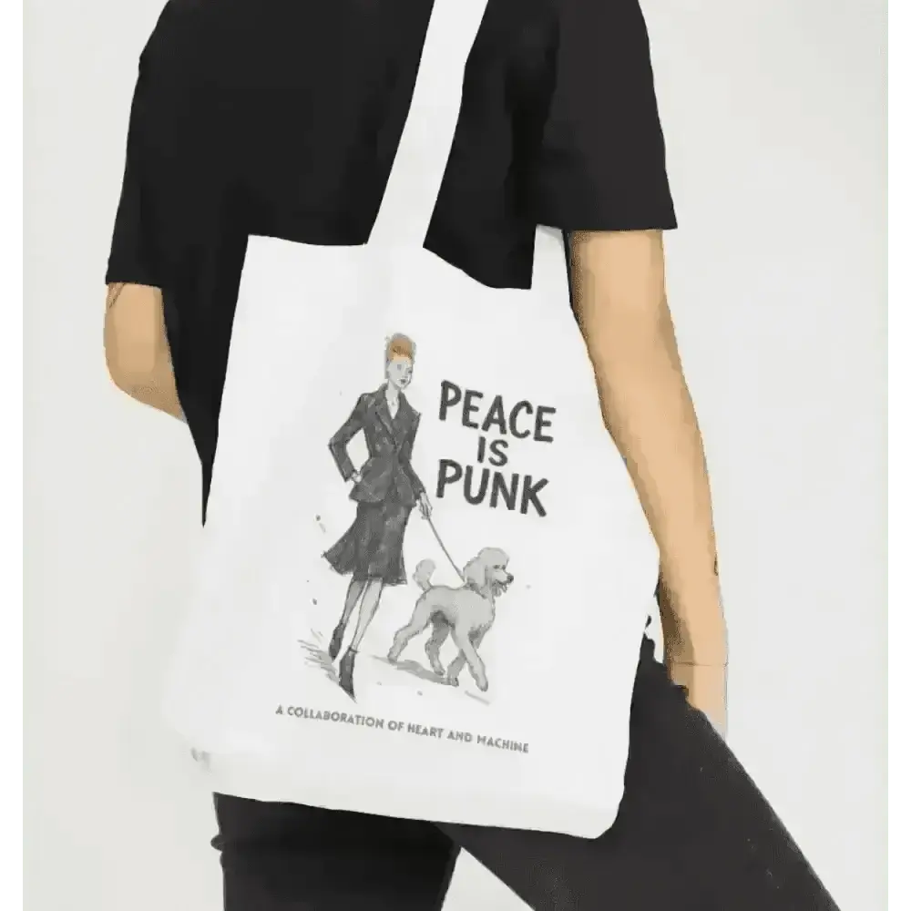 White Peace Is Punk Tote Bag with woman walking dog, Vivienne Westwood style