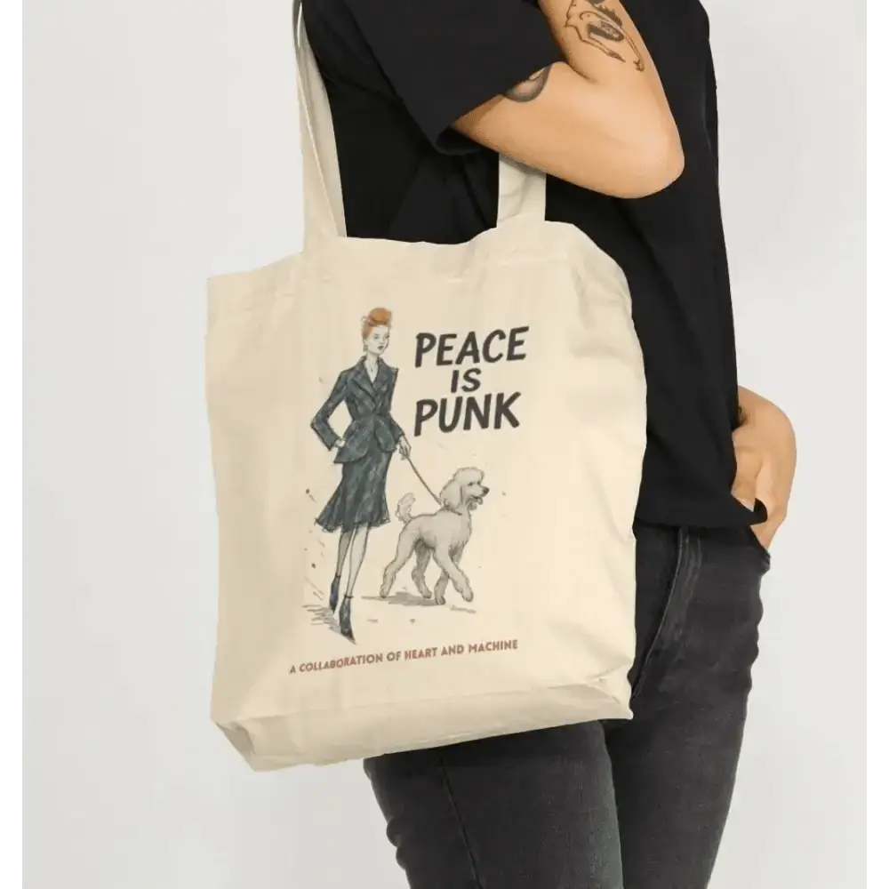 Cream tote bag with peace is punk design featuring a woman walking her dog, inspired by Vivienne Westwood