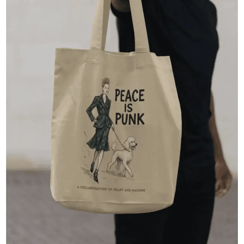 Vivienne Westwood inspired peace is punk canvas tote bag with woman walking dog design