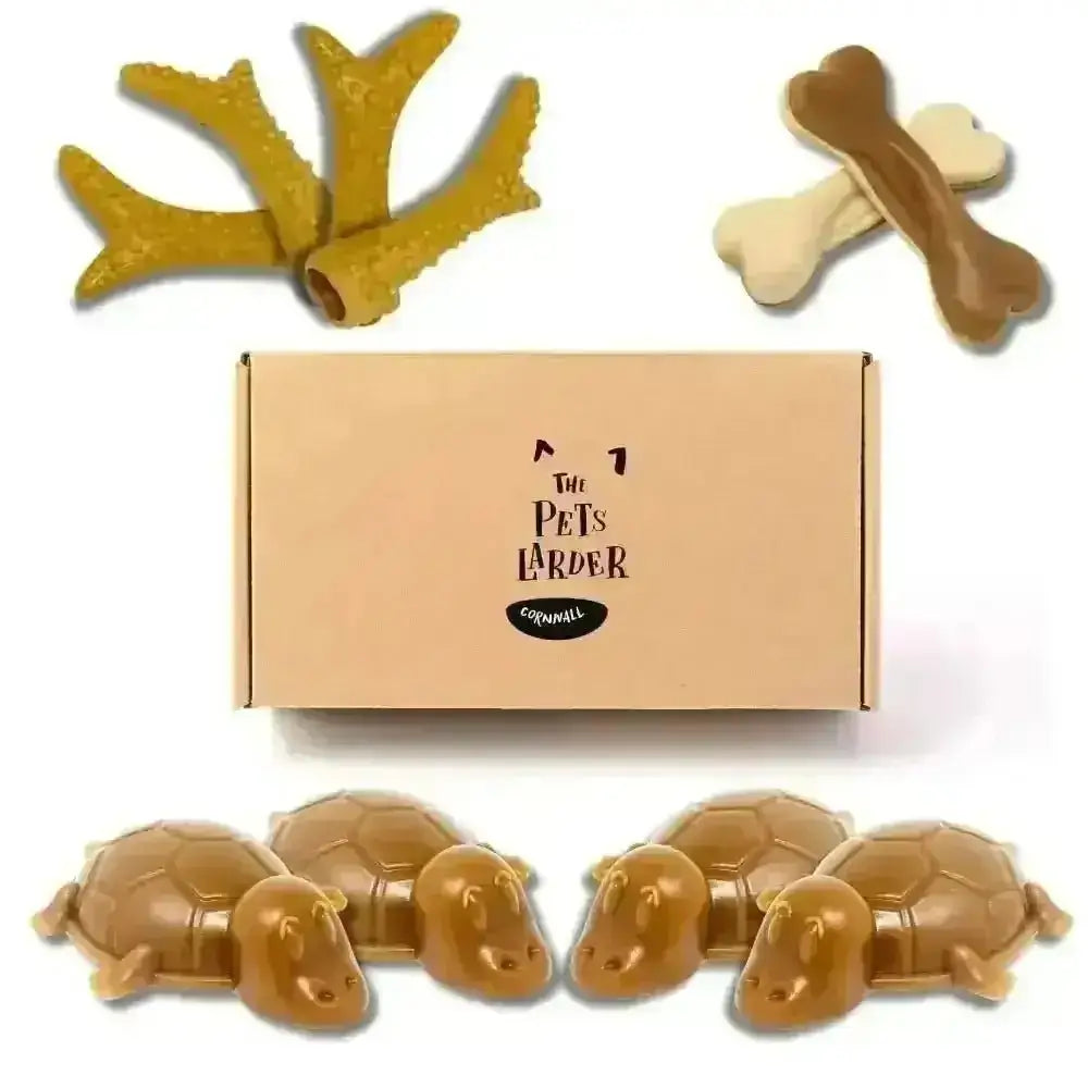 Brown hippo-shaped peanut butter chew toy set for dogs in natural rubber
