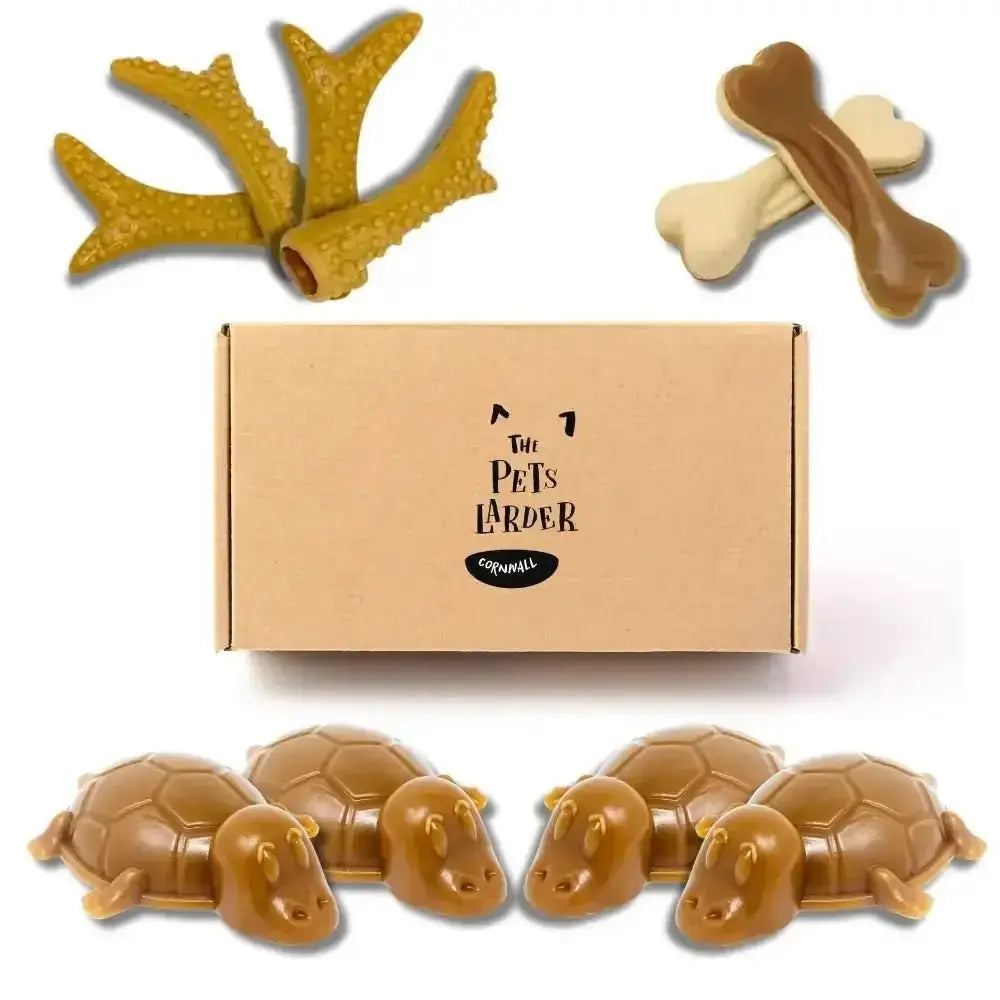 Brown hippo-shaped peanut butter chew toy set for dogs in natural rubber