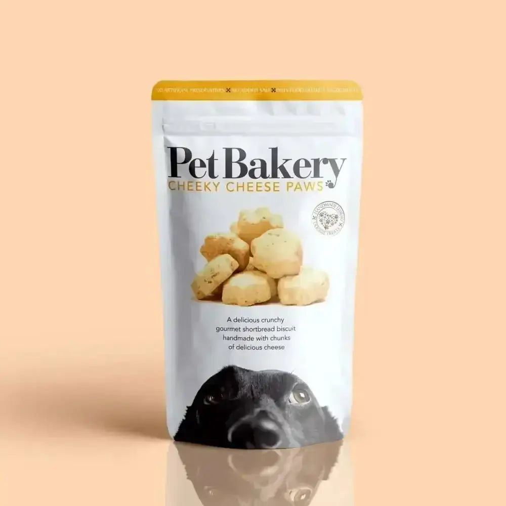 Pet Bakery Cheeky Cheese Paws dog treats featuring cheeky cheese flavor and paw-shaped design
