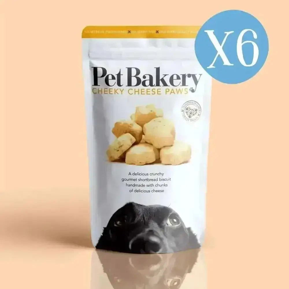Pet Bakery Cheese Paws dog treats in a white and yellow package with black paw prints