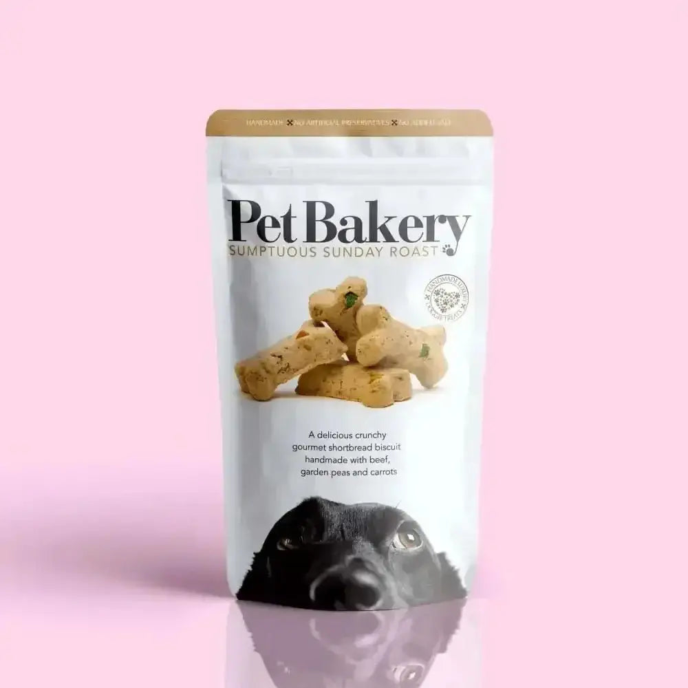 Pet bakery biscuit bag with golden-brown shortbread biscuits and herbs for Sunday Roast Bones