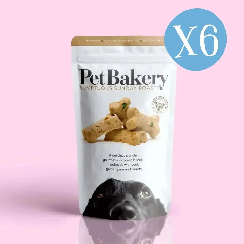 Pet Bakery Sunday Roast Bones box of 6 with black dog image and bakery Sunday label